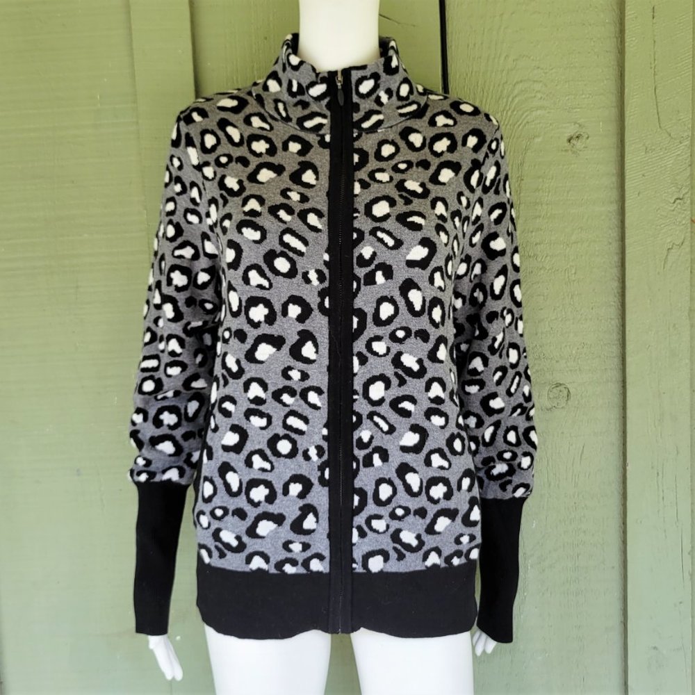 RACHEL ZOE Gray Leopard Knit Zip Front Cardigan Sweater Large